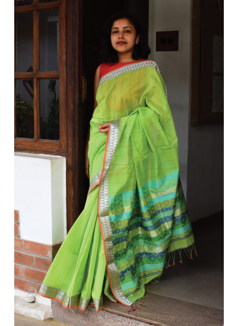 Lime Green, Handwoven Organic Cotton, Plain Weave , Jacquard, Work Wear,Jari , Striped Saree